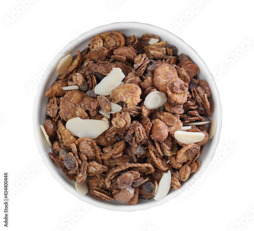Granola in bowl on white background, top view. Healthy snack