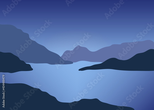 Beautiful dark blue mountain landscape with lake or river. Night in mountains. Outdoor nature. Vector illustration background