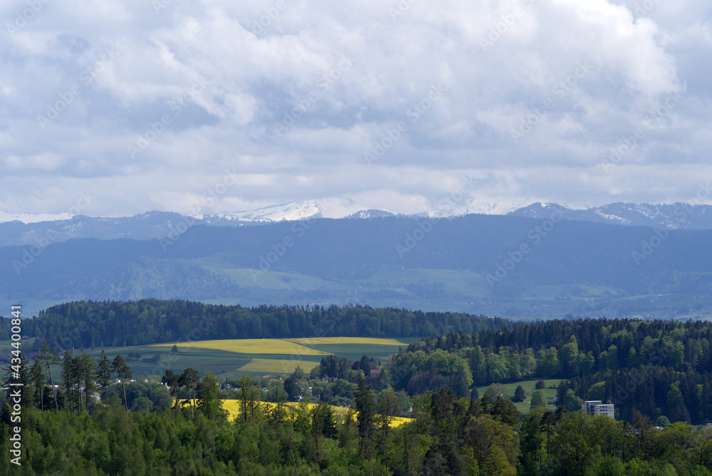 Landscape with mountains in the background seen from wooden lookout named Loorenkopfturm (Loorenkopf tower). Photo taken May 18th, 2021, Zurich, Switzerland. Landscape with mountains in the background seen from wooden lookout named Loorenkopfturm (Loorenkopf tower). Photo taken May 18th, 2021, Zurich, Switzerland.