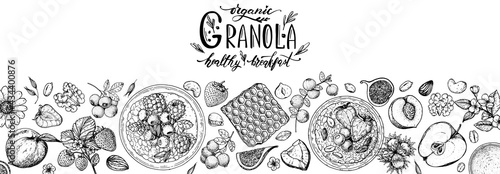 Granola ingredients illustration. Oat flakes , berries, fruits and nuts hand drawn sketch. Granola Breakfast top view frame. Muesli food menu design. Hand drawn vector illustration. Granola design