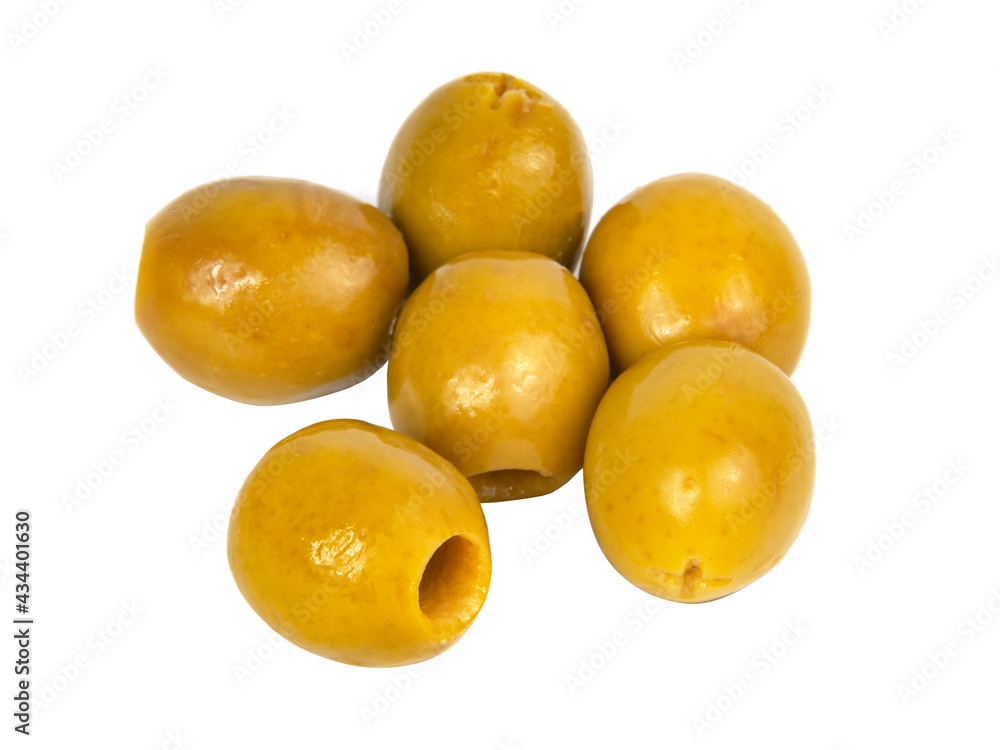 Many green olives pitted isolated on the white background Many green olives pitted isolated on the white background