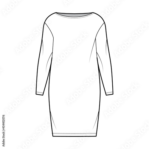 Dress sack slouchy technical fashion illustration with long sleeves, oversized body, knee length pencil skirt. Flat apparel front, white color style. Women, men unisex CAD mockup