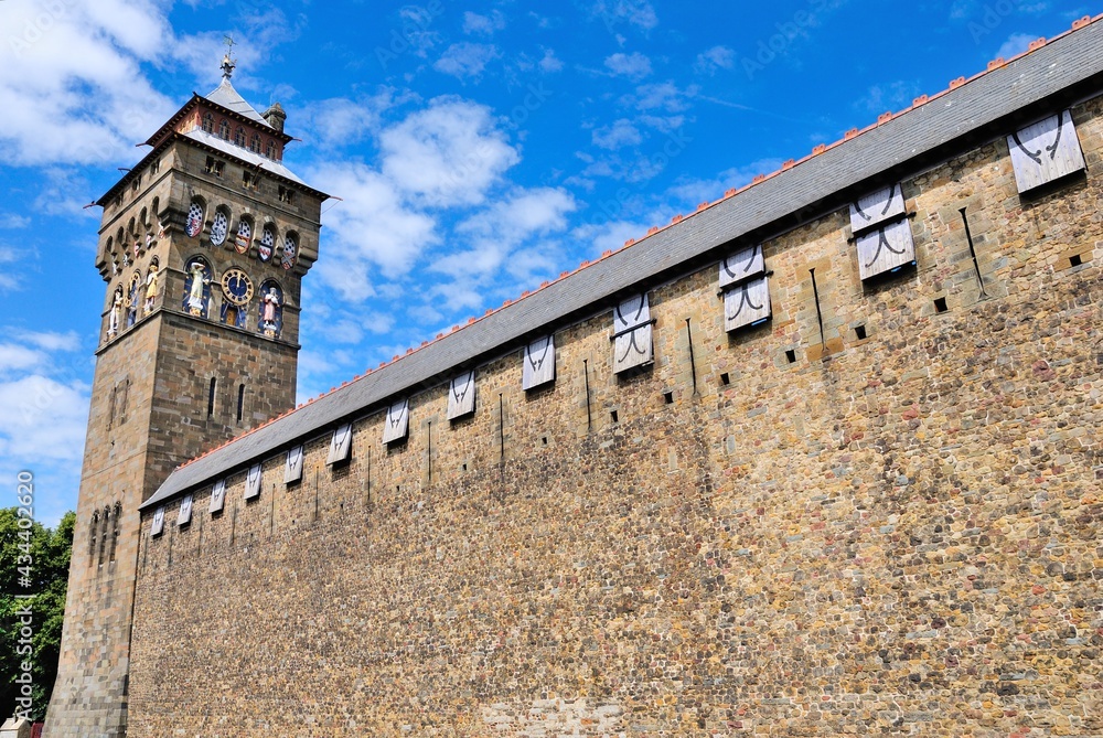 19th century Gothic Revival style Clock Tower of the Cardiff Castle, Wales, UK