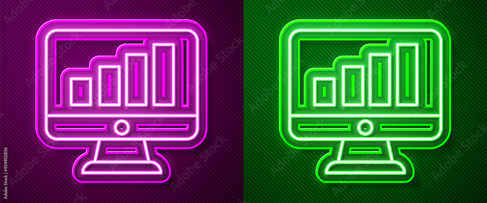 Glowing neon line Computer monitor with graph chart icon isolated on purple and green background. Report text file. Accounting sign. Audit, analysis, planning. Vector Glowing neon line Computer monitor with graph chart icon isolated on purple and green background. Report text file. Accounting sign. Audit, analysis, planning. Vector