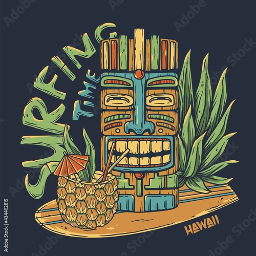 Surfing hawaii cocktail and tiki mask on surf bord for t-shirt print. tropical surfbord and drink pineapple for tiki bar or beach bar photo