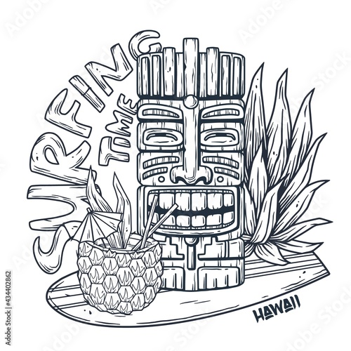 Surfing hawaii cocktail and tiki mask on surf bord for t-shirt print. tropical surfbord and drink pineapple for tiki bar or beach bar