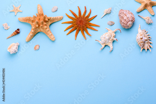 Beach accessories: glasses and hat with shells and sea stars on a colored background