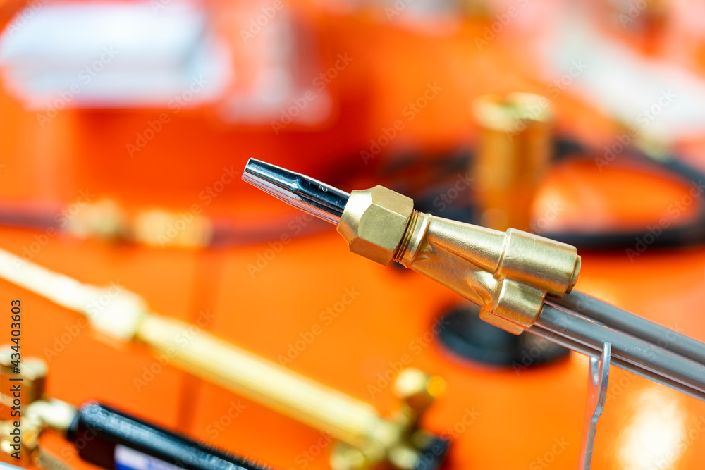Naklejka premium Close up acetylene oxygen torch or tip for welding heating burning cutting soldering brazing in industrial