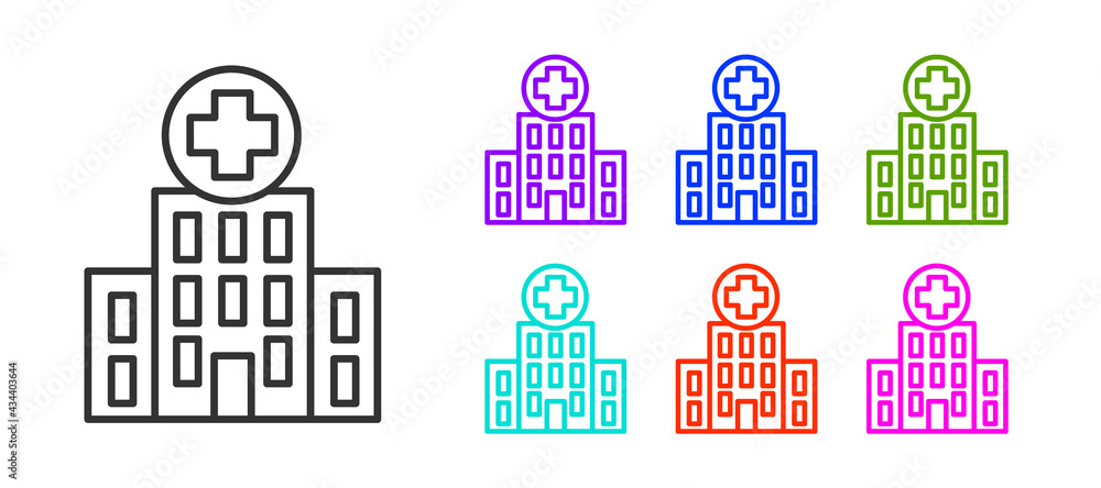 Black line Medical hospital building with cross icon isolated on white background. Medical center. Health care. Set icons colorful. Vector