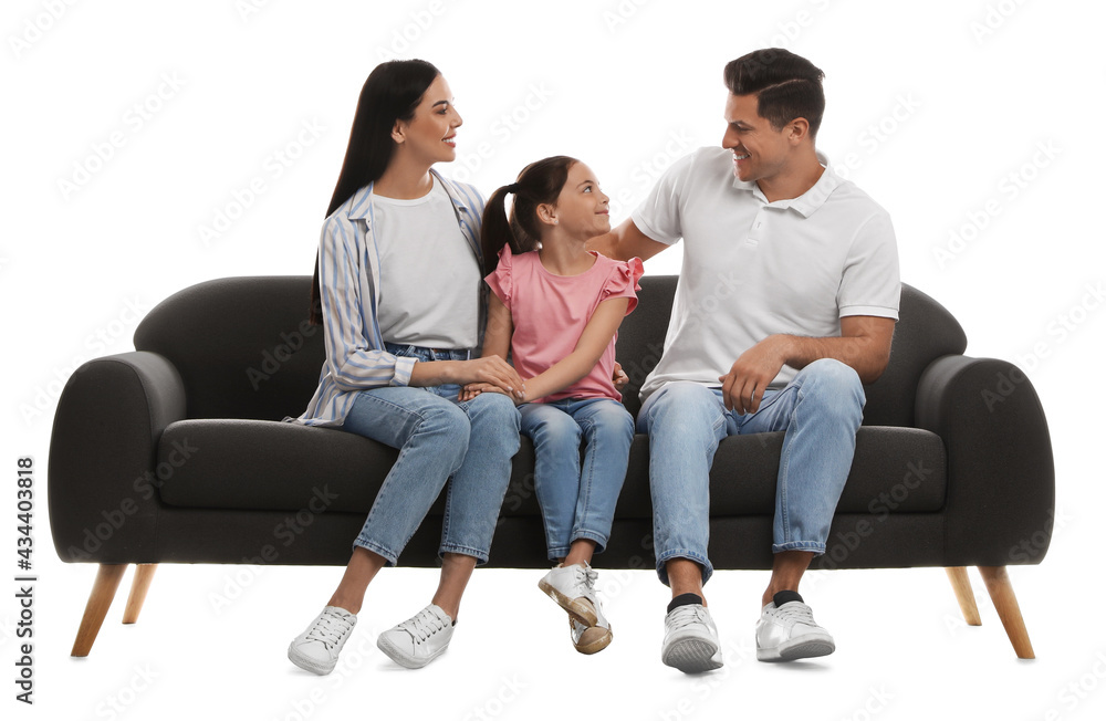 Happy family resting on comfortable grey sofa against white background Happy family resting on comfortable grey sofa against white background