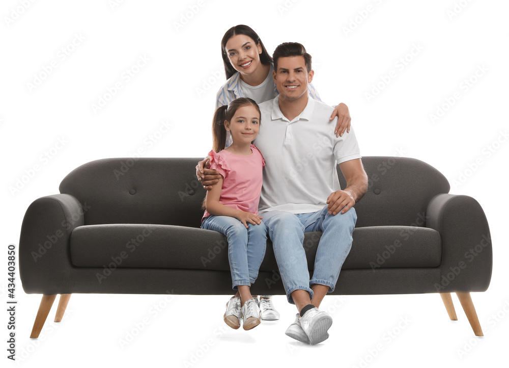 Happy family resting on comfortable grey sofa against white background Happy family resting on comfortable grey sofa against white background