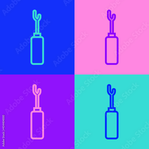Pop art line Awl tool with wooden handle icon isolated on color background. Work equipment tailor industry. Vector