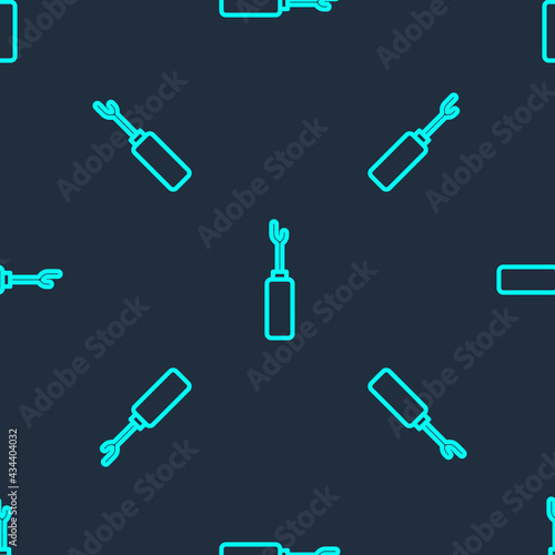 Green line Awl tool with wooden handle icon isolated seamless pattern on blue background. Work equipment tailor industry. Vector