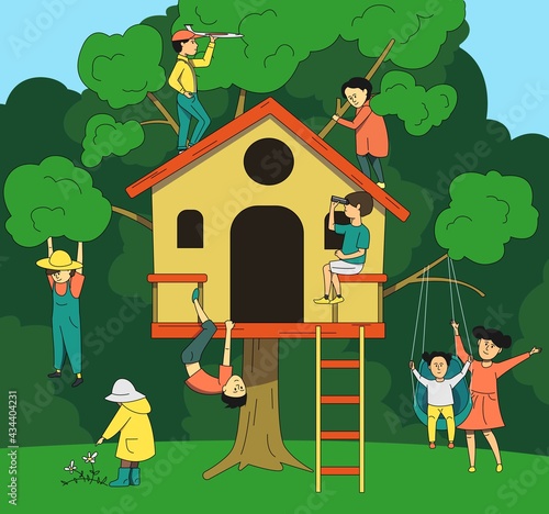 Children playing in nature. Children's tree house.