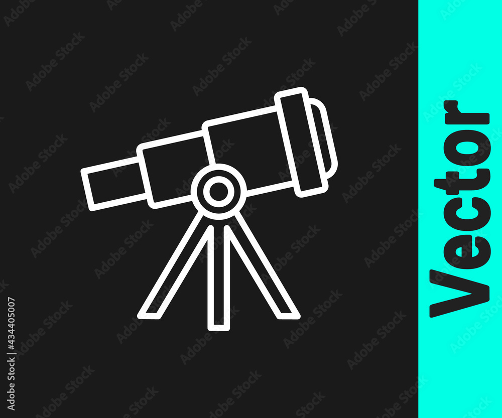 White line Telescope icon isolated on black background. Scientific tool. Education and astronomy element, spyglass and study stars. Vector White line Telescope icon isolated on black background. Scientific tool. Education and astronomy element, spyglass and study stars. Vector