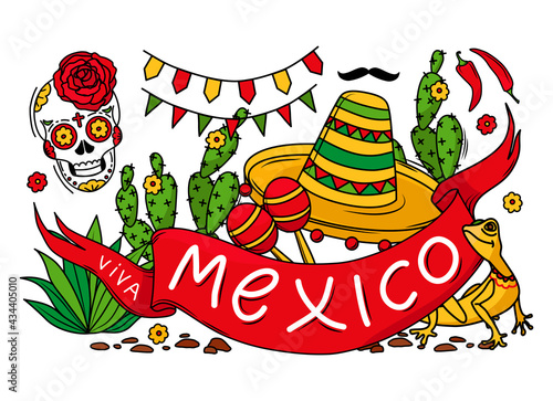 Viva Mexico colorful holiday banner with sombrero, skull, lizard, cactus, mustache and garland. Cartoon vector illustration. Objects are isolated. Vector illustration