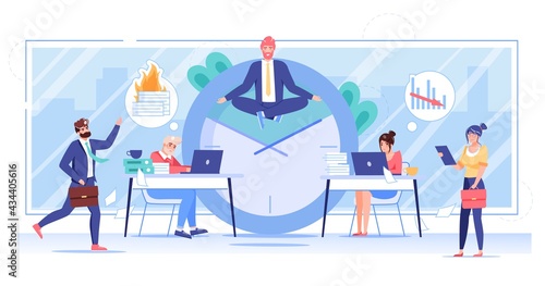 Vector cartoon flat office worker character flies in yoga pose.Happy employee levitates in office,controls everything in work chaos-professional workflow,time management,web site banner concept