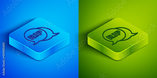 Isometric line Speech bubble rip death icon isolated on blue and green background. Square button. Vector
