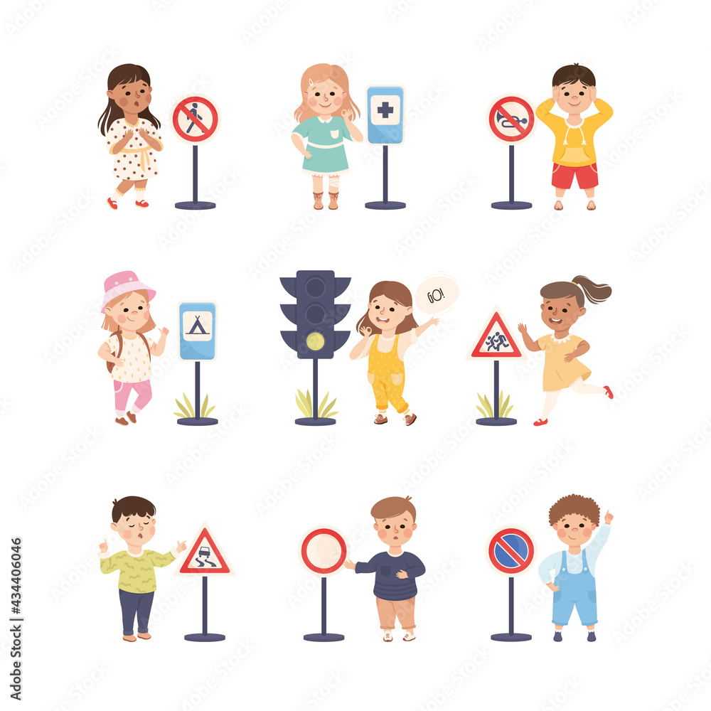 Smiling Kid Characters Learning Road Signs and Traffic Rules Vector Illustration Set Smiling Kid Characters Learning Road Signs and Traffic Rules Vector Illustration Set