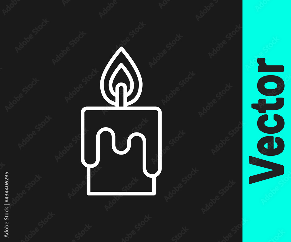 White line Burning candle icon isolated on black background. Cylindrical candle stick with burning flame. Vector White line Burning candle icon isolated on black background. Cylindrical candle stick with burning flame. Vector