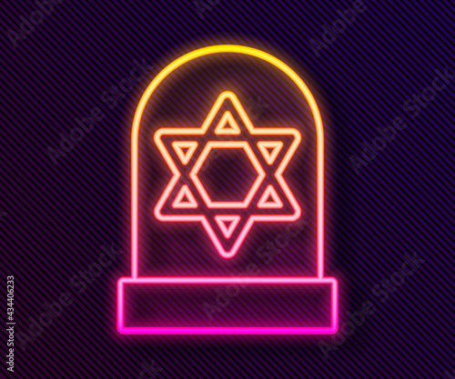Glowing neon line Tombstone with star of david icon isolated on black background. Jewish grave stone. Gravestone icon. Vector