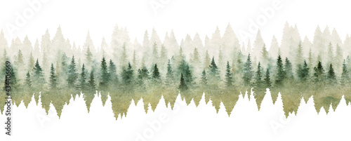 Seamless pattern with foggy spruce forest. Watercolor painting #434406669