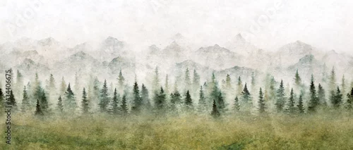 Panel kuchenny z motywem Watercolor landscape of forest and mountains. Wild nature background.