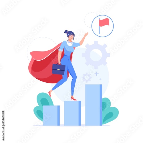 Vector cartoon flat business character present goal achievment symbol on growth chart.Happy employee superhero shows flag-metaphor of work task complete,progress web site banner concept