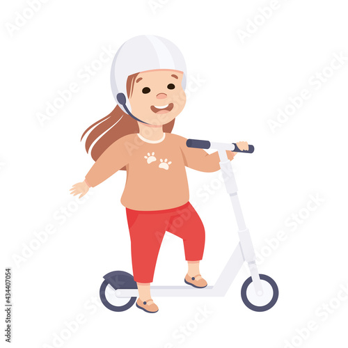 Little Girl in Helmet Riding on Kick Scooter Pushing Off the Ground Vector Illustration