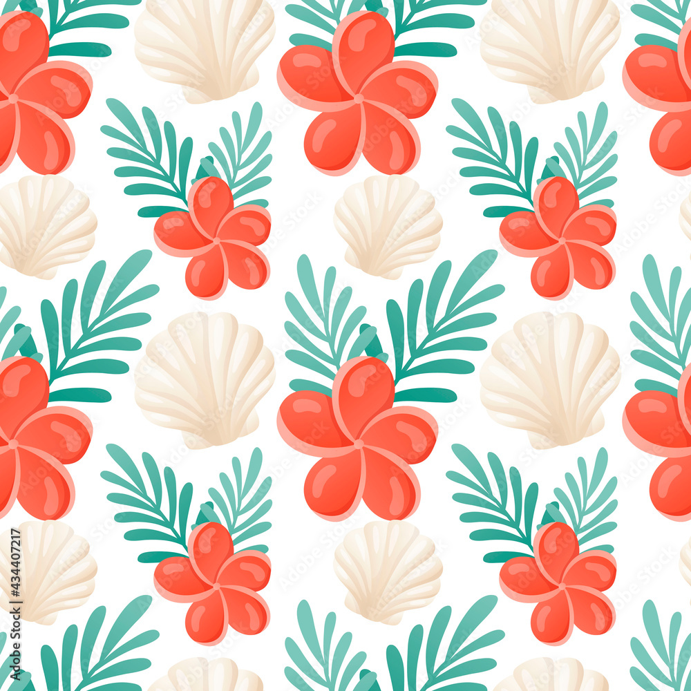 Vector cartoon seamless summer pattern. Bright tropical wallpaper with seashells, green leaves and plumeria flowers. Background for vacation and beach holiday themes.