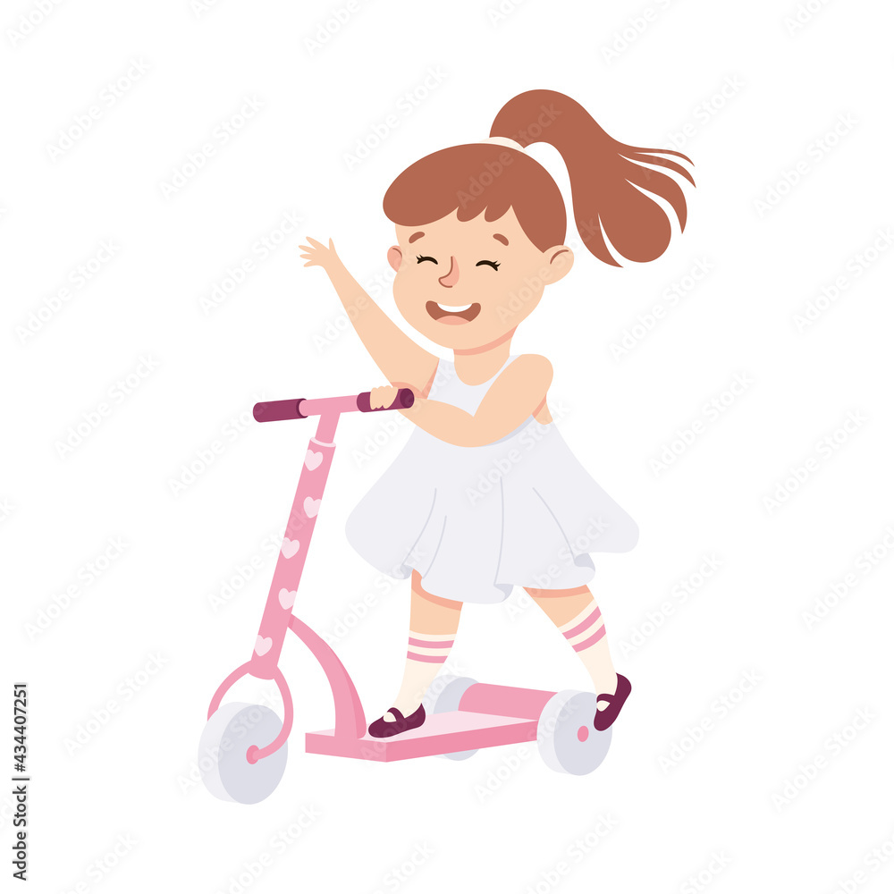 Smiling Girl Riding on Kick Scooter Pushing Off the Ground and Waving Hand Vector Illustration Smiling Girl Riding on Kick Scooter Pushing Off the Ground and Waving Hand Vector Illustration