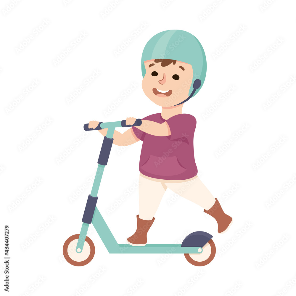 Little Boy in Helmet Riding on Kick Scooter Pushing Off the Ground Vector Illustration Little Boy in Helmet Riding on Kick Scooter Pushing Off the Ground Vector Illustration