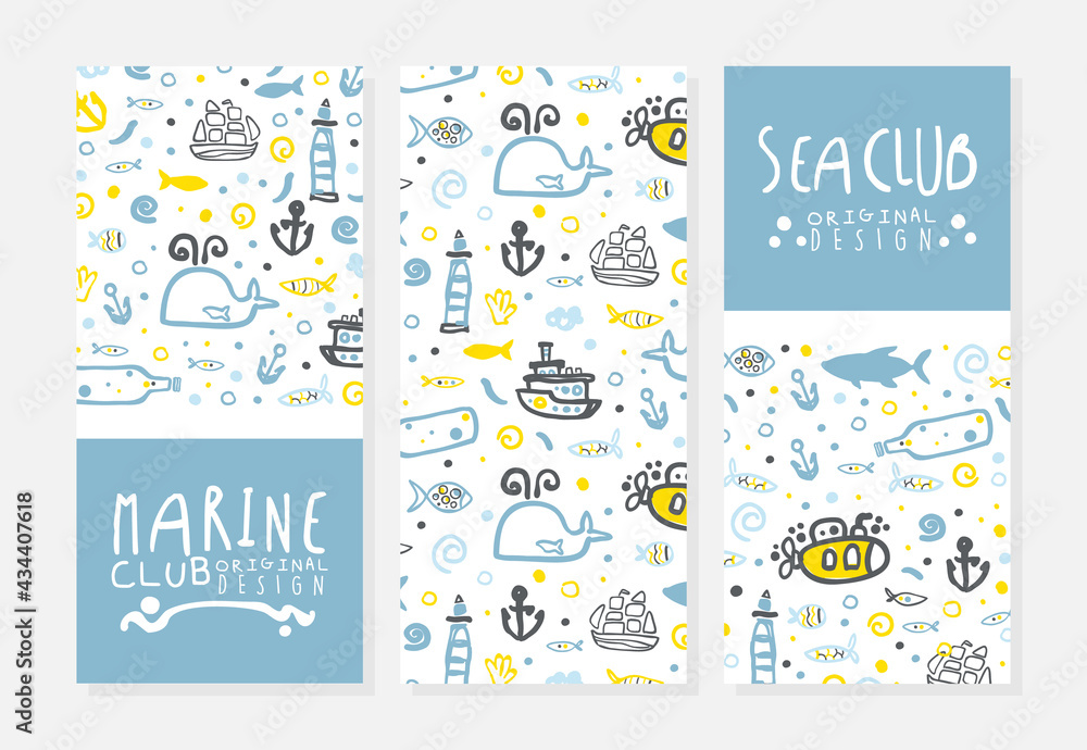 Marine Club Banner Templates Set, Sea Club Poster, Card, Background with Nautical Seamless Pattern Design Vector Illustration