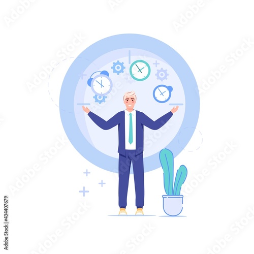 Vector cartoon flat office worker character and big clock.Successful happy employee controls everything,does all works in time-professional workflow,time management,web site banner concept © VectorSpace