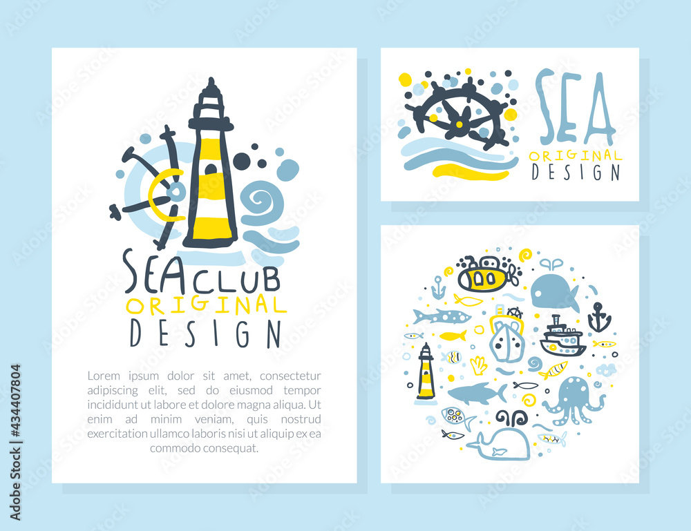 Sea Club Original Design Card Templates Set, Poster, Flyer, Invitation with Marine and Nautical Seamless Pattern and Space for Text Vector Illustration