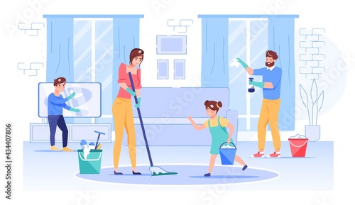 Vector cartoon happy family characters cleaning house.Parents and children take care of homeplace,keep it clean-healthy family relationships,communications,social behavior web site banner ad concept