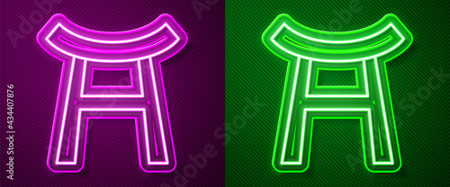 Glowing neon line Japan Gate icon isolated on purple and green background. Torii gate sign. Japanese traditional classic gate symbol. Vector