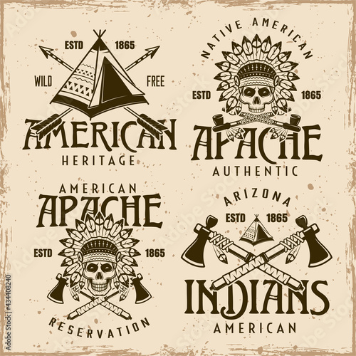 Native american indians set of four vector emblems, labels, badges or logos in vintage style on dirty background with grunge textures