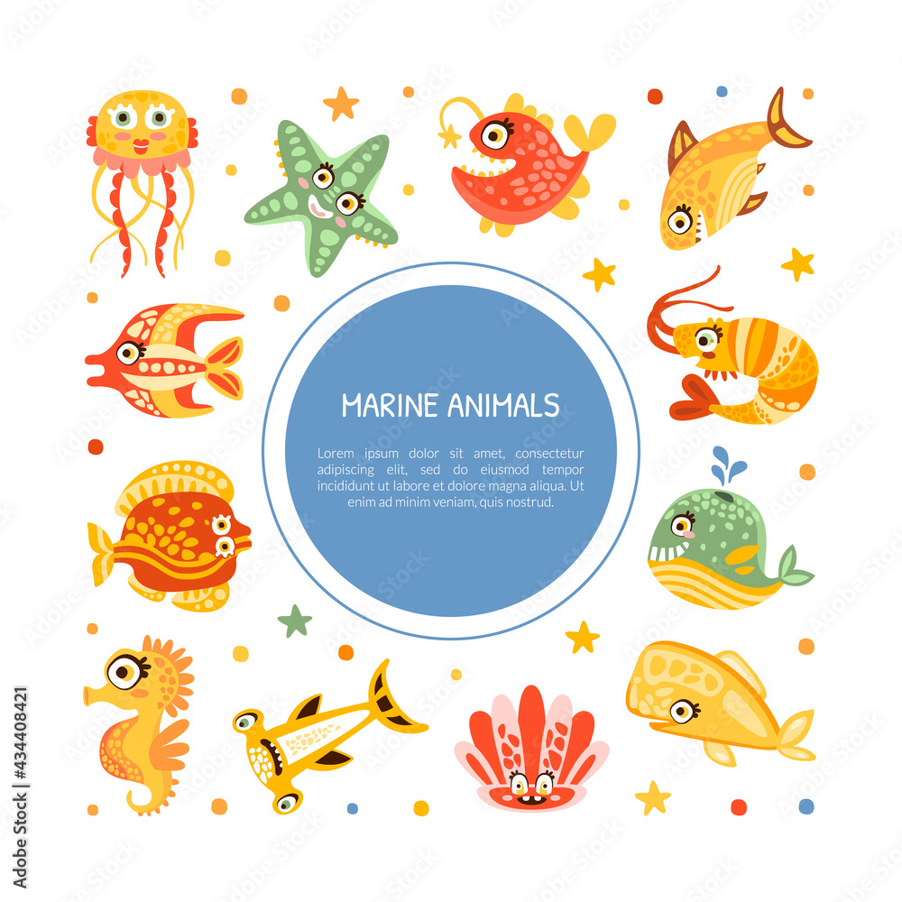 Cute Card Design with Marine Animal and Comic Underwater Creatures Vector Template Cute Card Design with Marine Animal and Comic Underwater Creatures Vector Template
