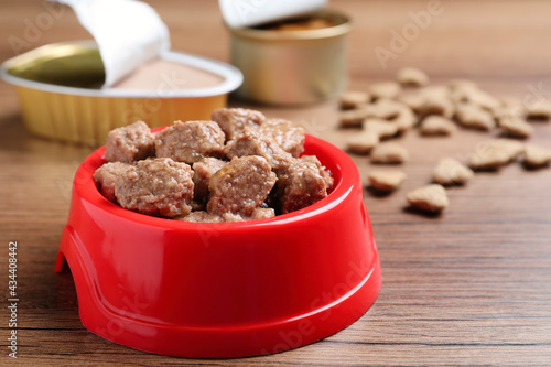 Wet pet food in feeding bowl on wooden table, closeup. Space for text