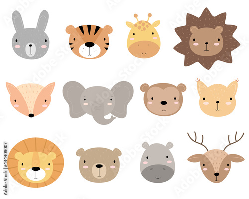 A set of cute cartoon animal heads. Suitable for stickers, posters, postcards, invitations. Vector illustration. Rabbit, Tiger, Giraffe, hedgehog, Fox, Elephant, Monkey, Squirrel, Lion, Bear, Hippo