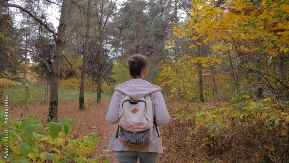 Back view of young woman with backpack walking in autumn park, forest - wide angle steadicam follow shot. Active outdoor lifestyle, leisure time, freedom and adventure concept Back view of young woman with backpack walking in autumn park, forest - wide angle steadicam follow shot. Active outdoor lifestyle, leisure time, freedom and adventure concept