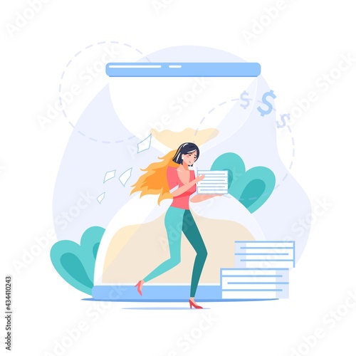 Vector cartoon flat office worker character at work,hourglass background.Tired employee in hurry,tries to meet deadline-productivity,work stress situation,time management web site banner concept