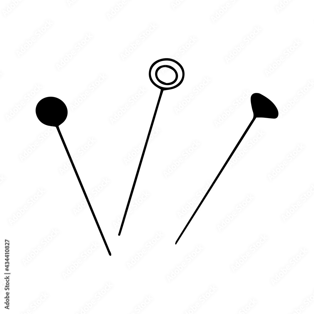 Set of pins. Black and white vector illustration in doodle style isolated single. Sewing element tool Set of pins. Black and white vector illustration in doodle style isolated single. Sewing element tool