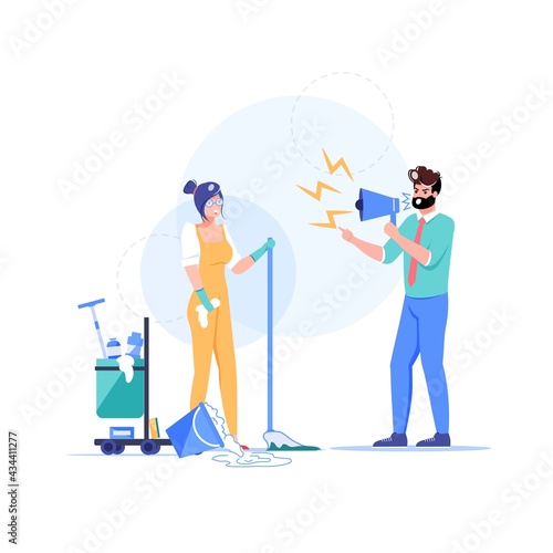Vector cartoon flat boss manager,worker characters in work conflict scene.Angry boss shouts at cleaning company employee character-productivity,work stress situation,web site banner concept