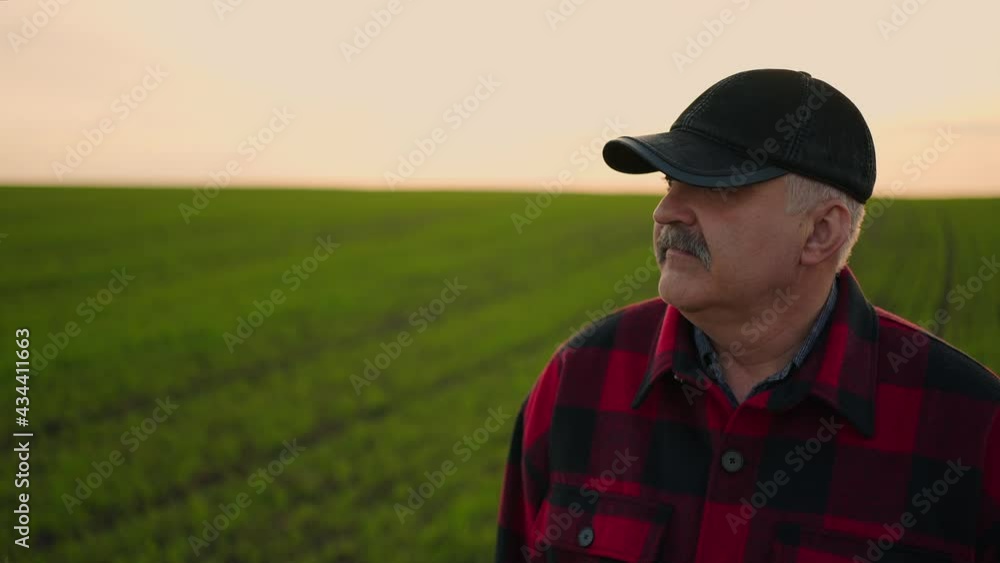 Walk on the field in slow motion after work. Farmer checks crop after planting and working tractor at sunset Walk on the field in slow motion after work. Farmer checks crop after planting and working tractor at sunset