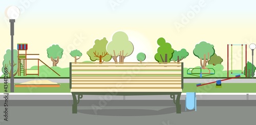 Bench on the background of a playground in the park. Swings, slides and carousels. Flat cartoon style illustration. A place for children to play. Sandbox for kids. Outdoor summer landscape. Vector