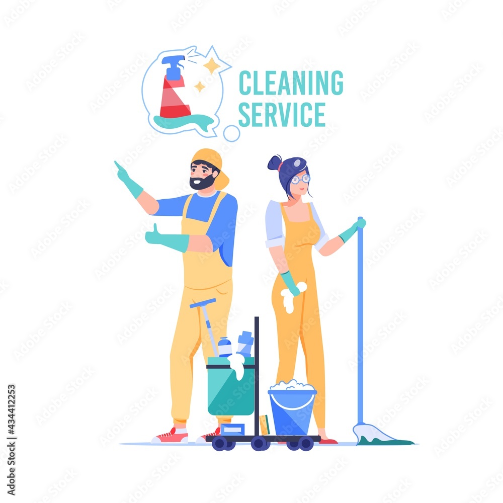 Fototapeta premium Vector cartoon cleaning company employee characters at work.Domestic worker cleaners,mop bucket equipment tools,different chemicals-cleaning service job,work profession,web site banner ad concept