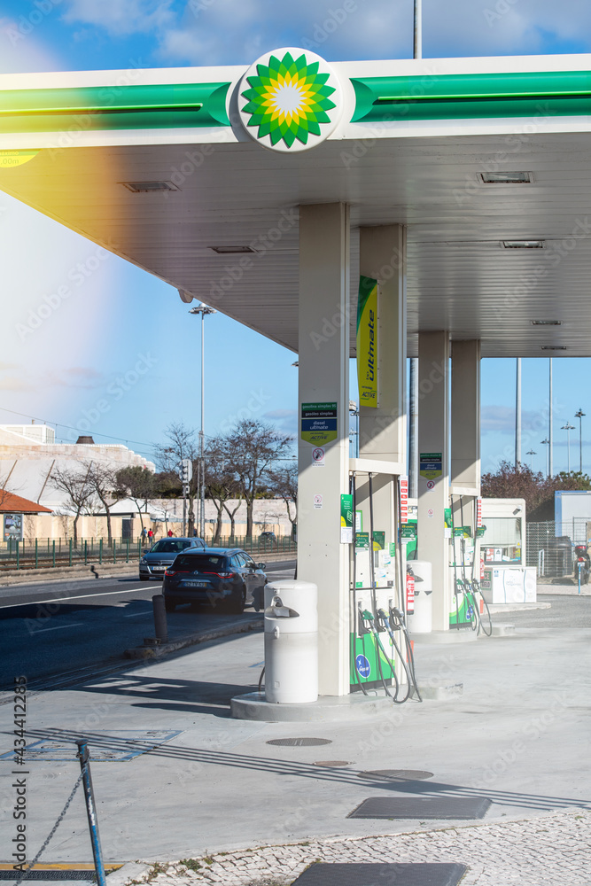 Lisbon, Portugal Feb 10, 2018 Front view of BP British petroleum gas station with no