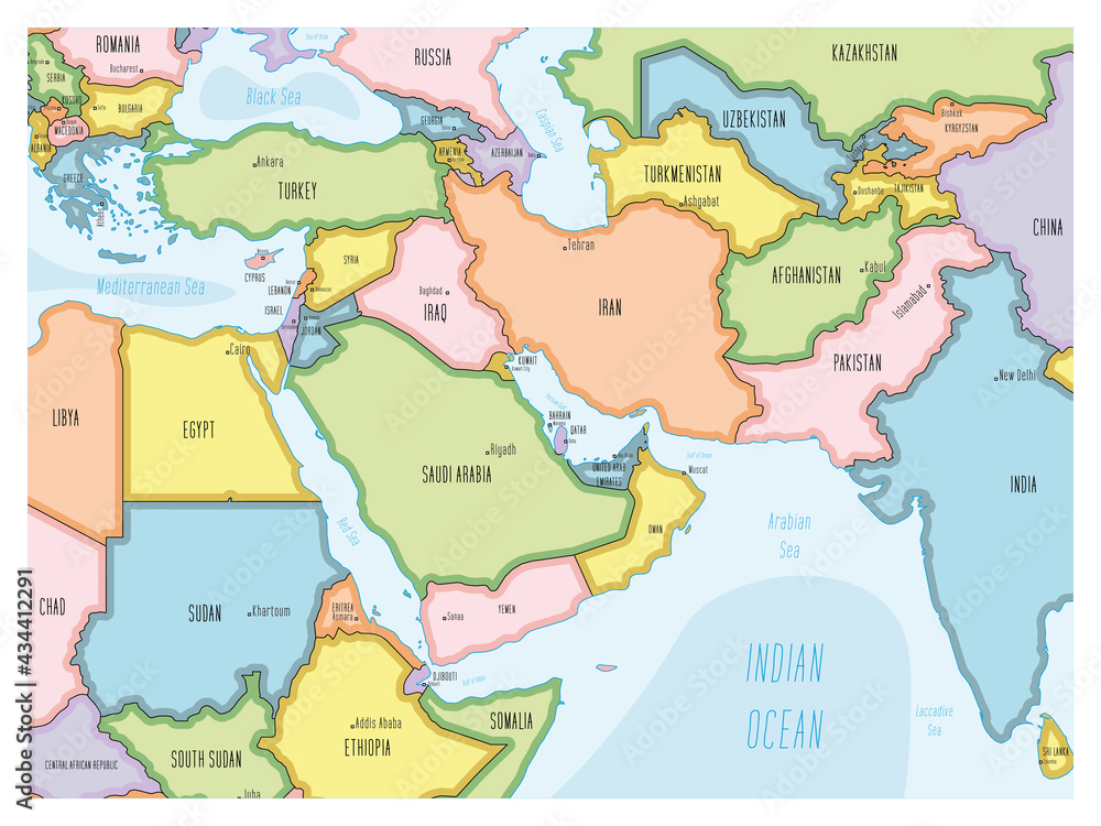 Political map of Middle East. Colorful hand-drawn cartoon style illustrated map with bathymetry. Handwritten labels of country, capital city, sea and ocean names. Simple flat vector map.